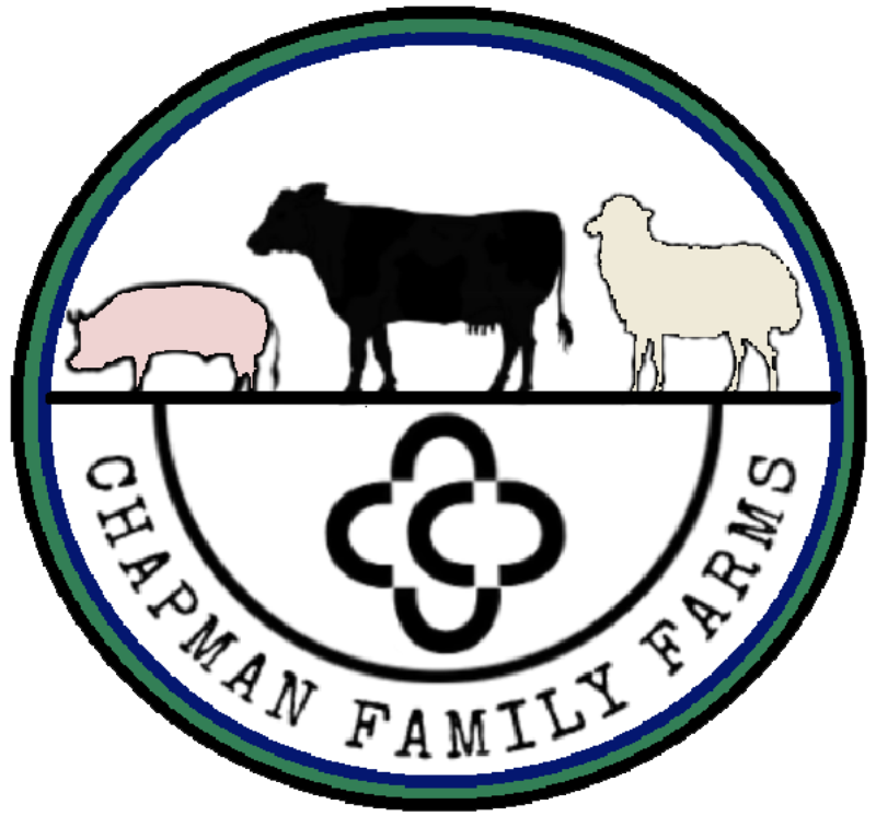 Logo Logo of Chapman Family Farms featuring silhouettes of a pig, cow, and sheep, representing diverse livestock farming. The design includes a circular border with the farm's name prominently displayed.
